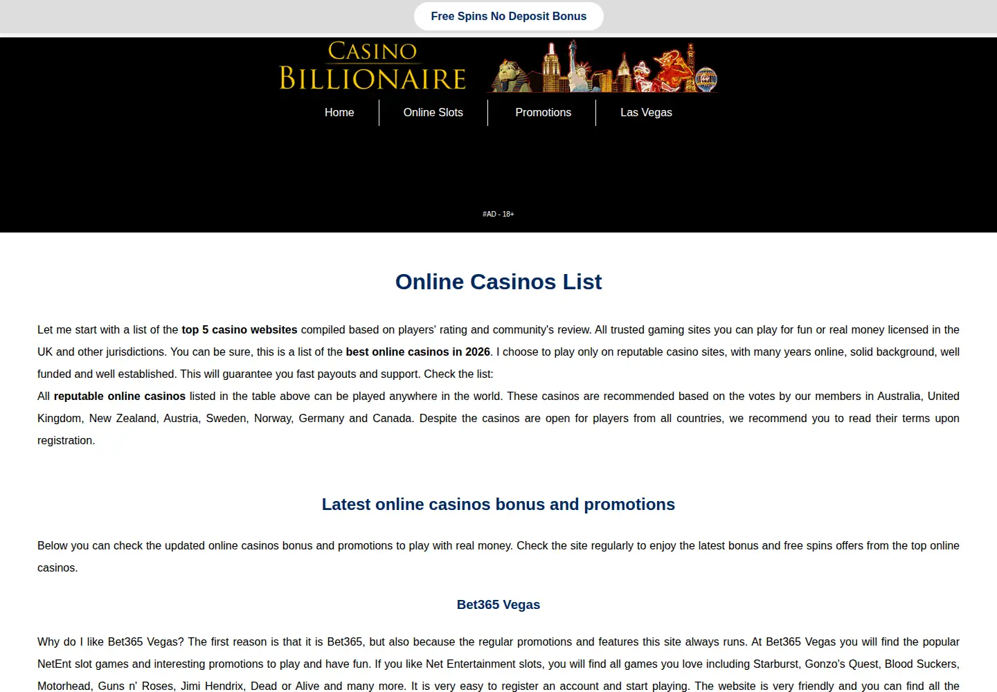 Captured homepage of casinobillionaire.net in the current scan