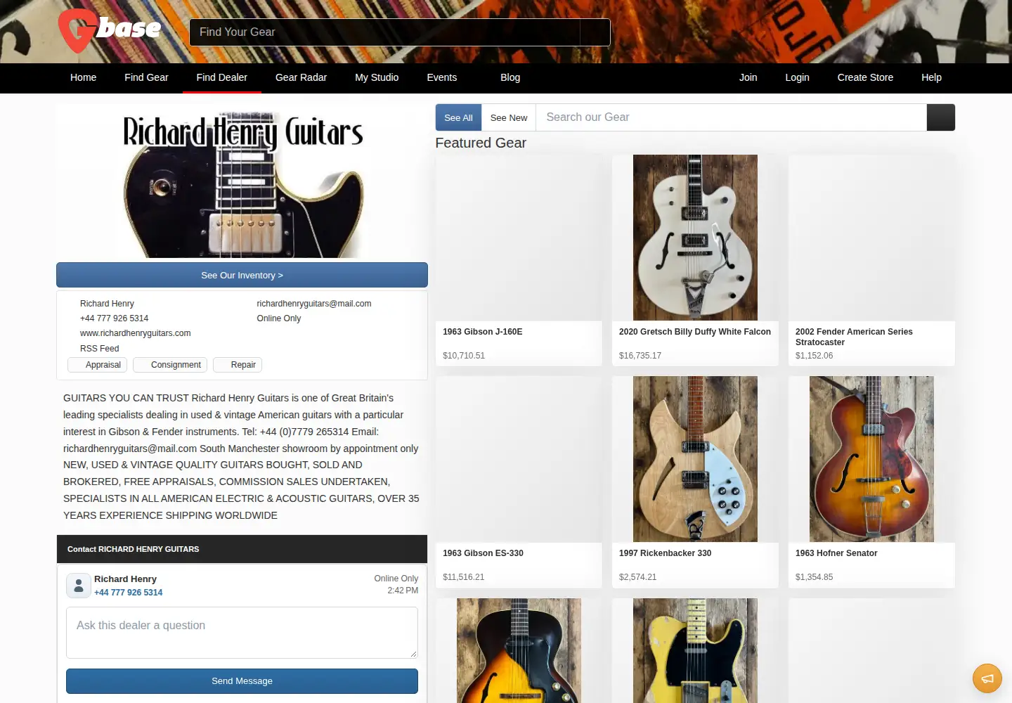 Captured homepage of richardhenryguitars.com in the current scan