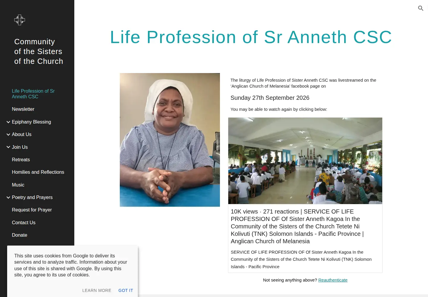Captured homepage of sistersofthechurch.org in the current scan