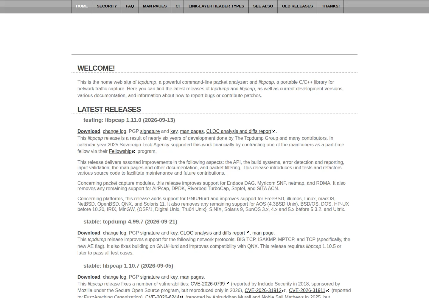 Screenshot of tcpdump.org