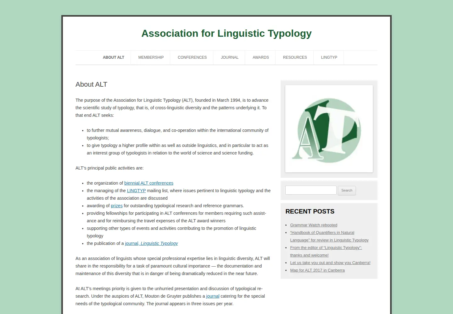 Captured homepage of linguistic-typology.org in the current scan