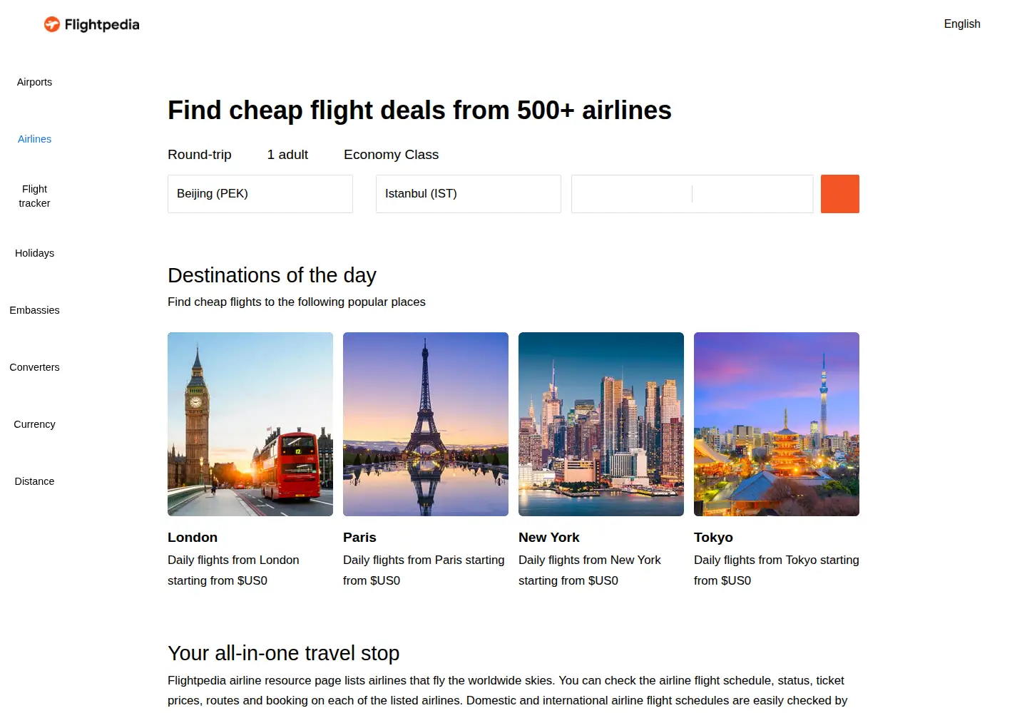 Screenshot of flightpedia.org