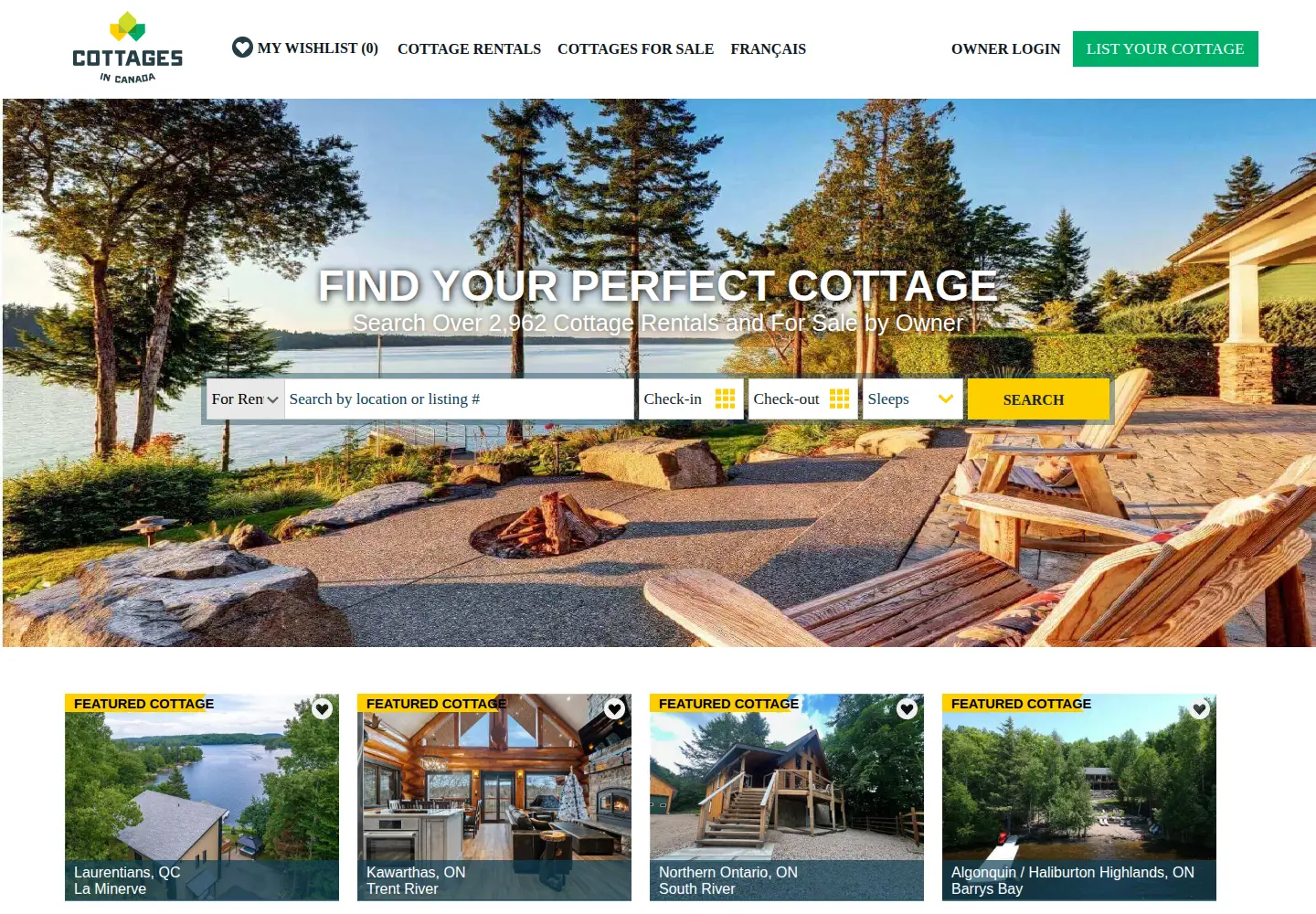 Captured homepage of cottagesincanada.com in the current scan