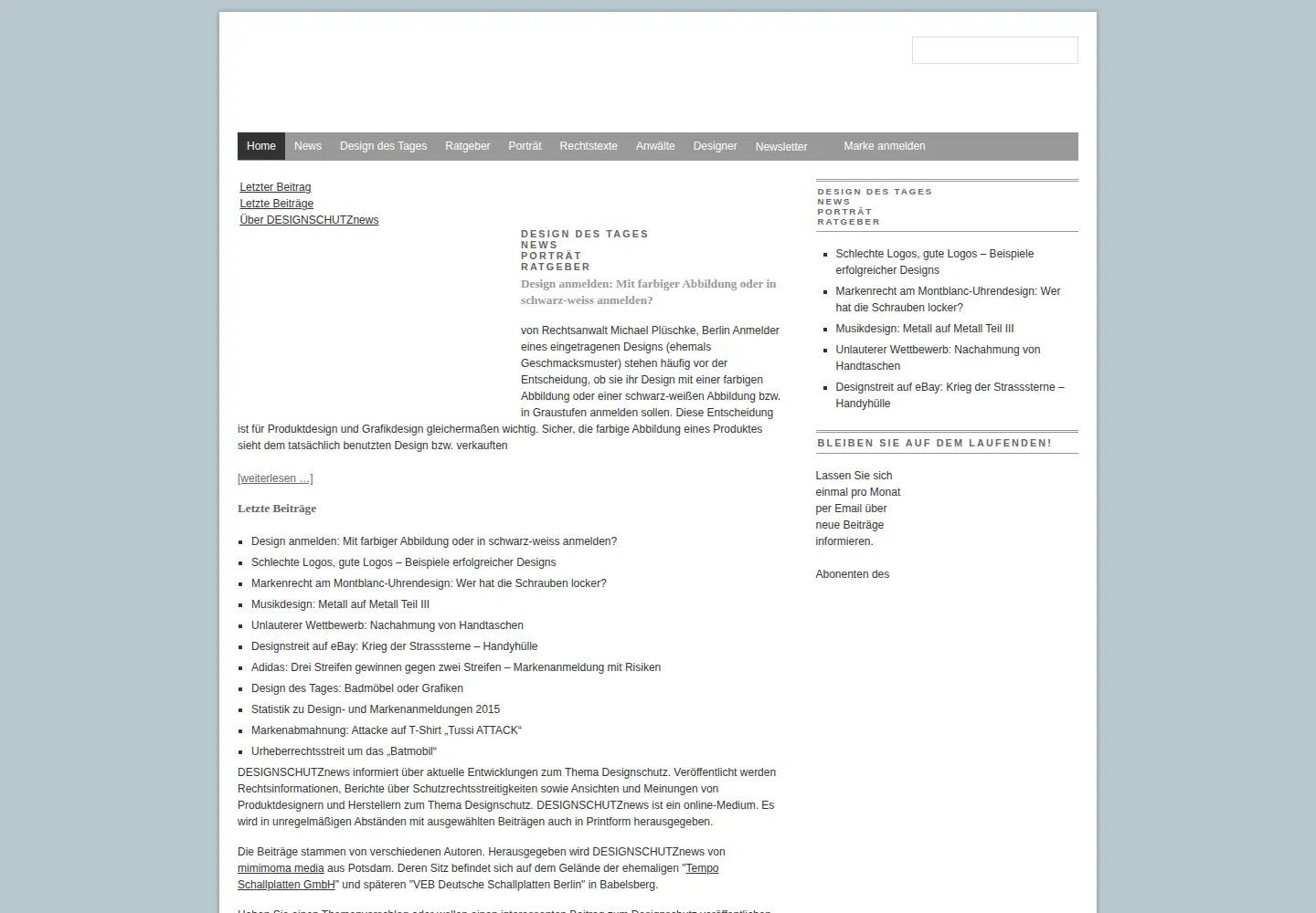 Captured homepage of designschutznews.de in the current scan