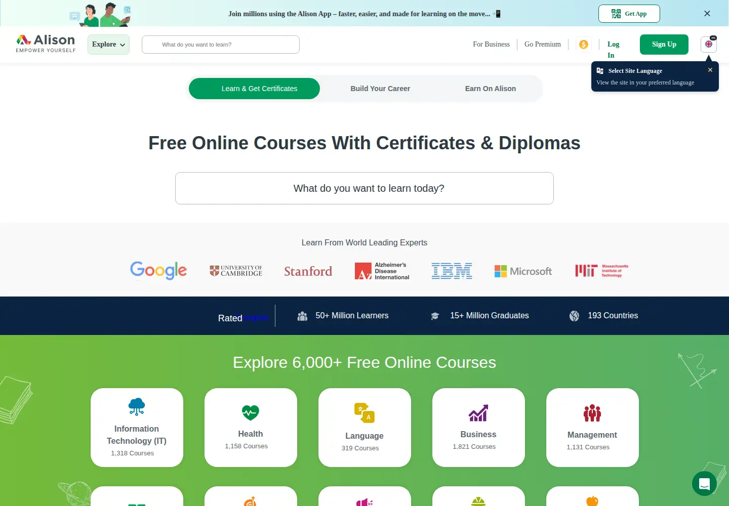 Screenshot of alison.com