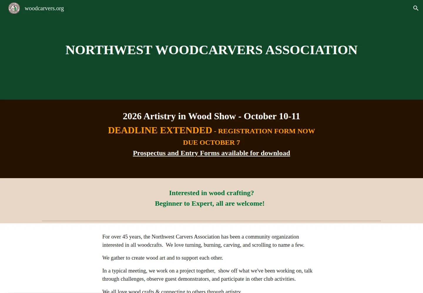 Captured homepage of woodcarvers.org in the current scan