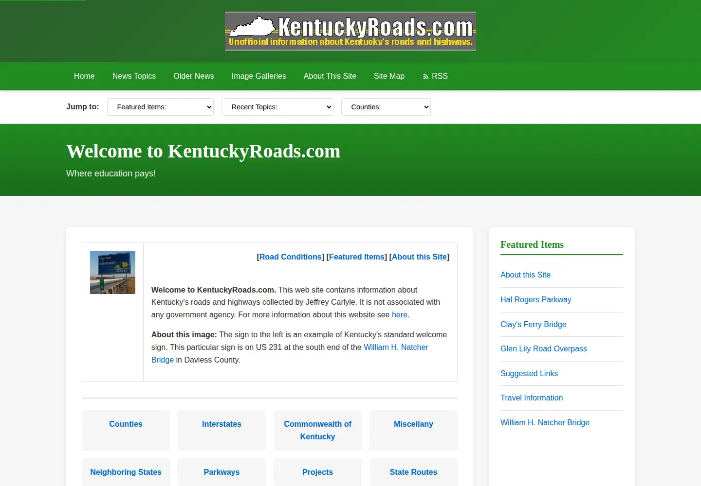 Captured homepage of kentuckyroads.com in the current scan