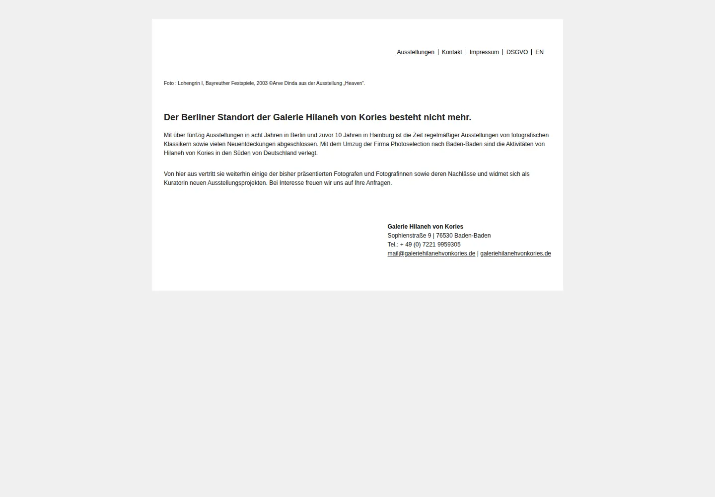 Captured homepage of galeriehilanehvonkories.de in the current scan