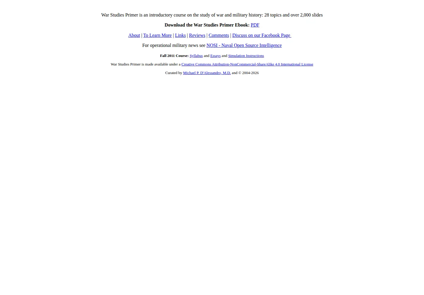 Captured homepage of warstudiesprimer.org in the current scan