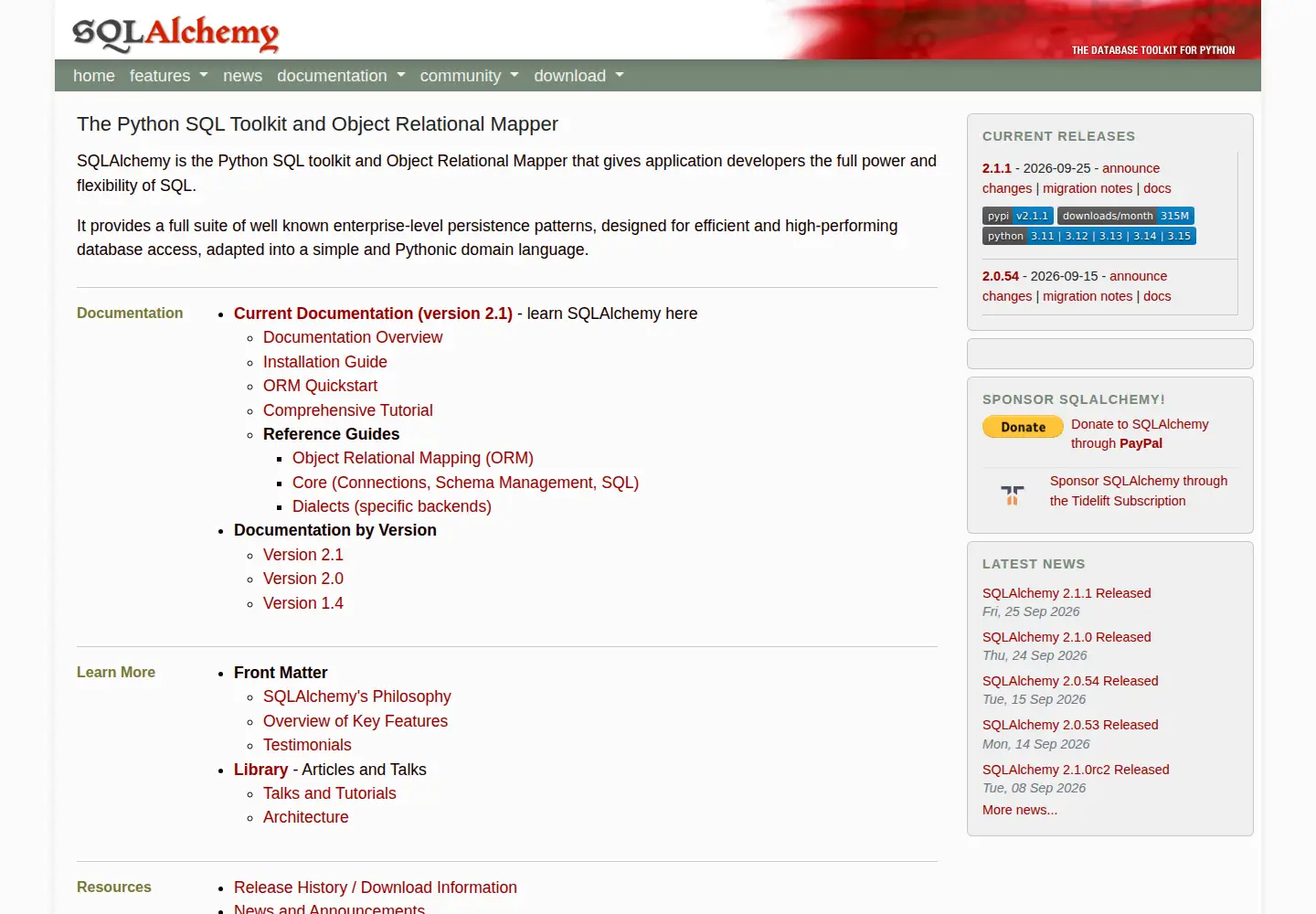 Screenshot of sqlalchemy.org