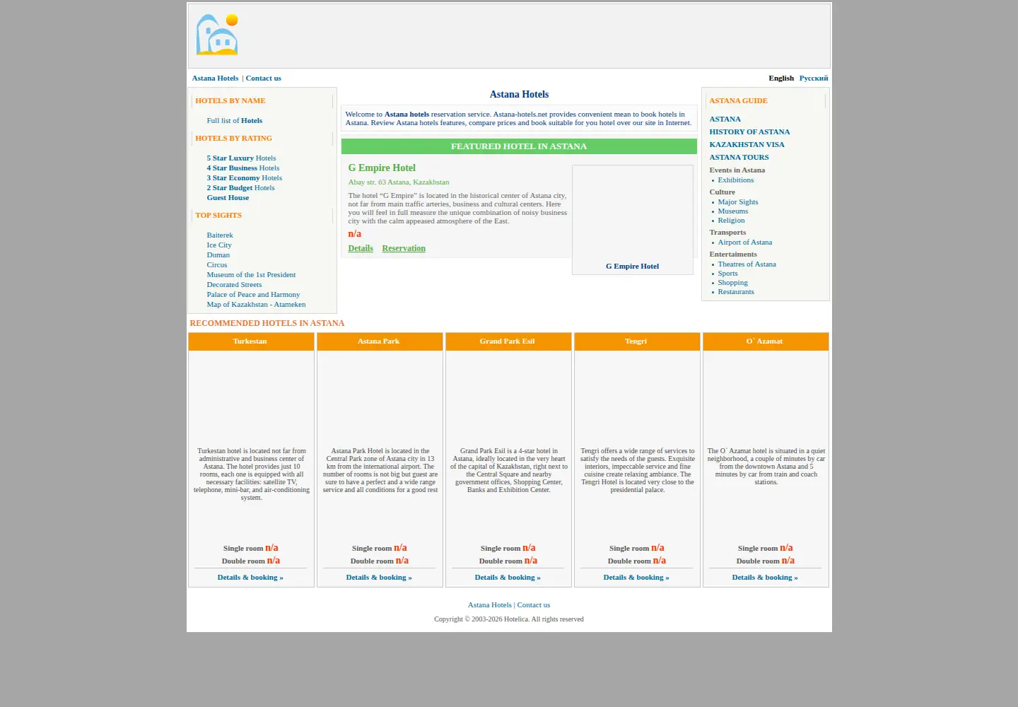 Captured homepage of astana-hotels.net in the current scan