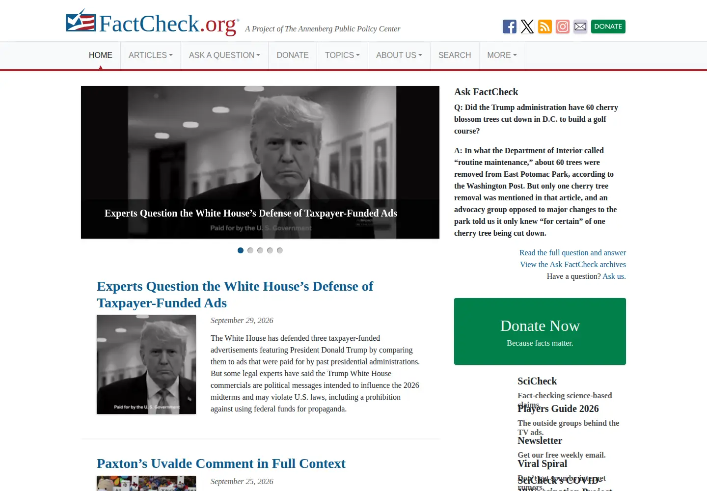 Screenshot of factcheck.org