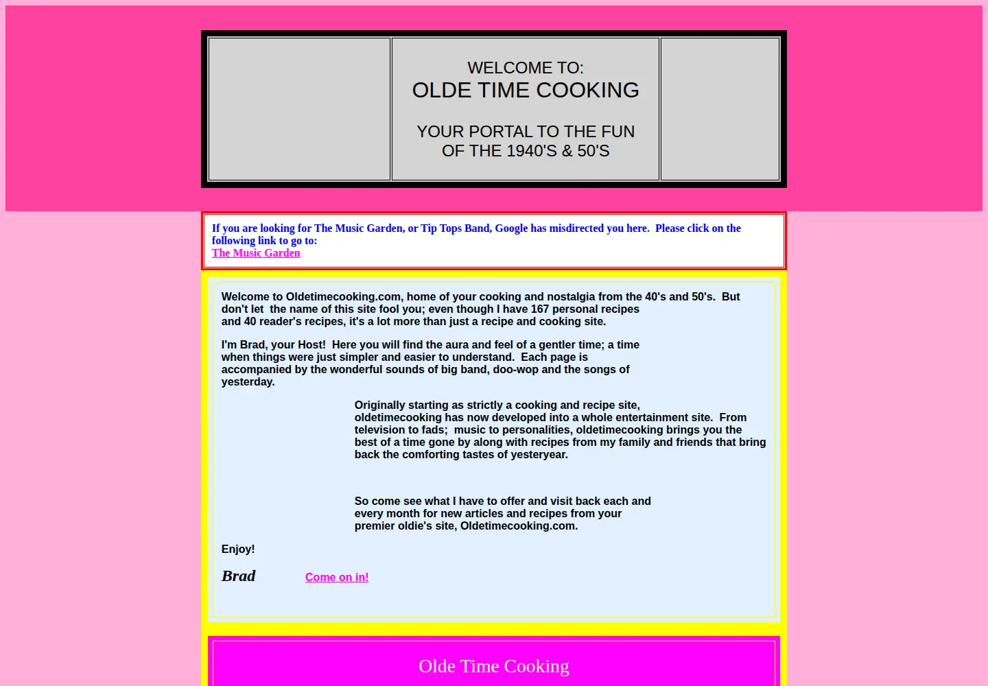Captured homepage of oldetimecooking.com in the current scan