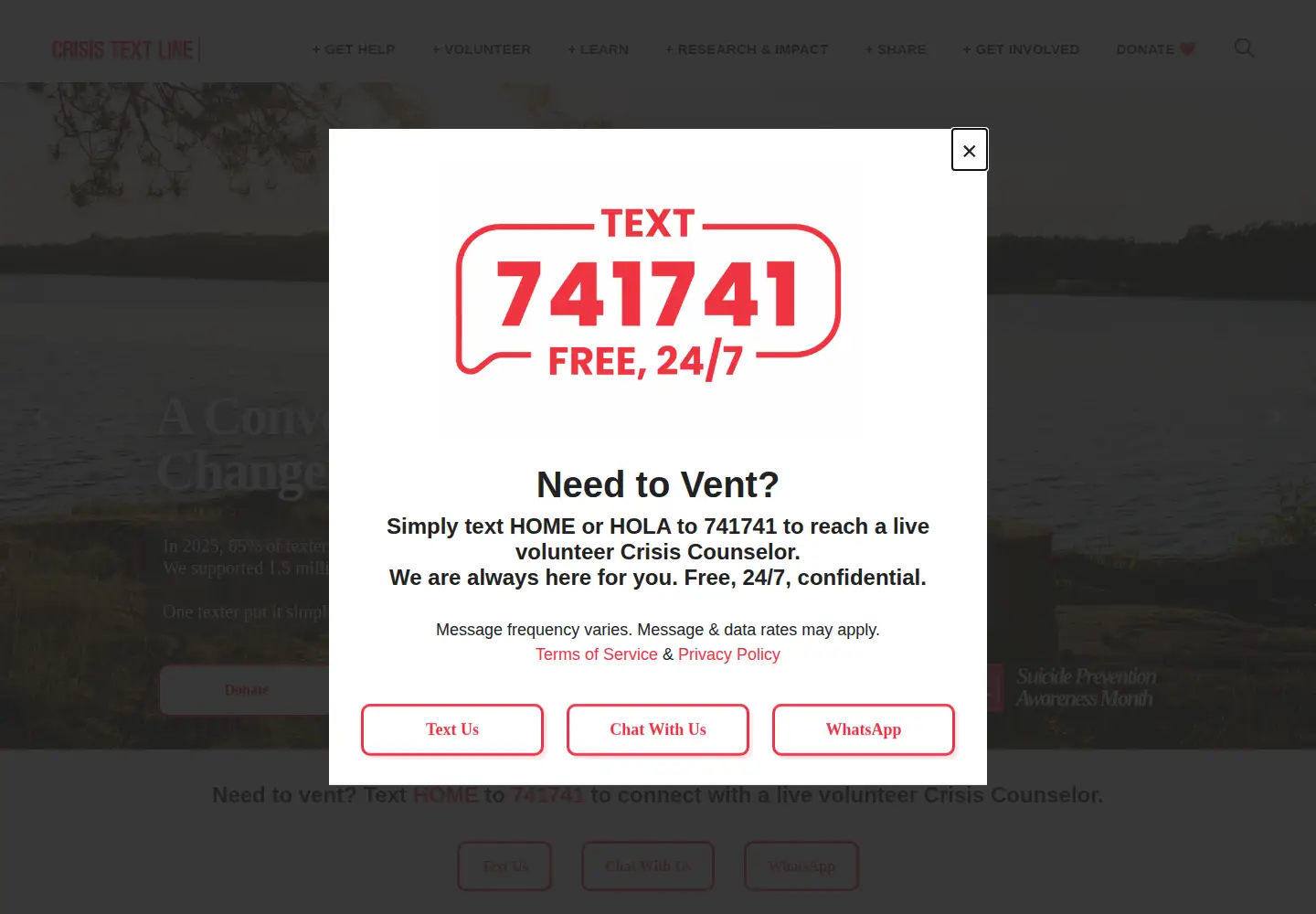Screenshot of crisistextline.org