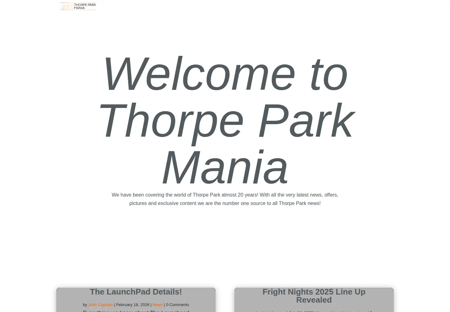 Captured homepage of thorpeparkmania.co.uk in the current scan