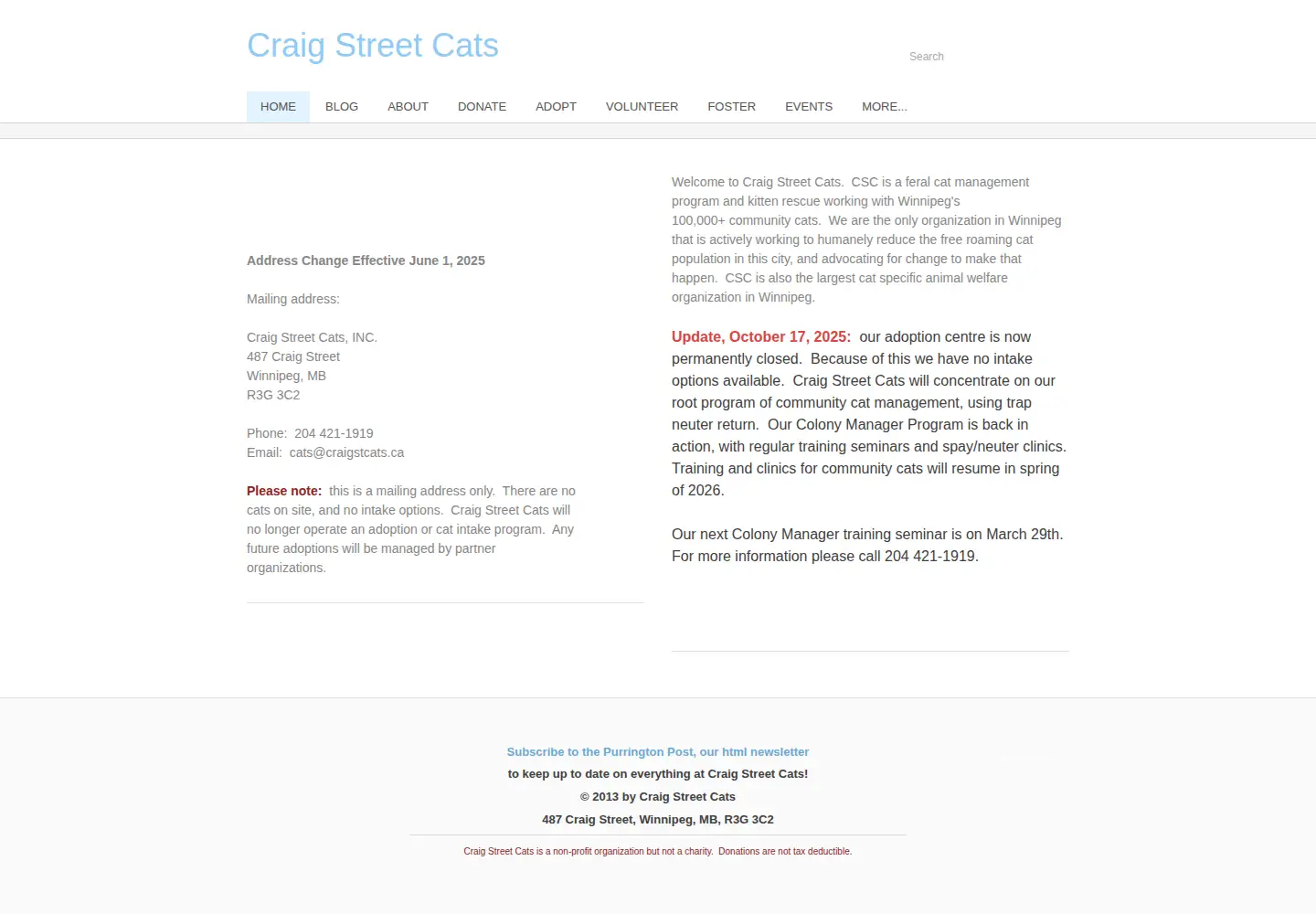 Captured homepage of craigstreetcats.ca in the current scan