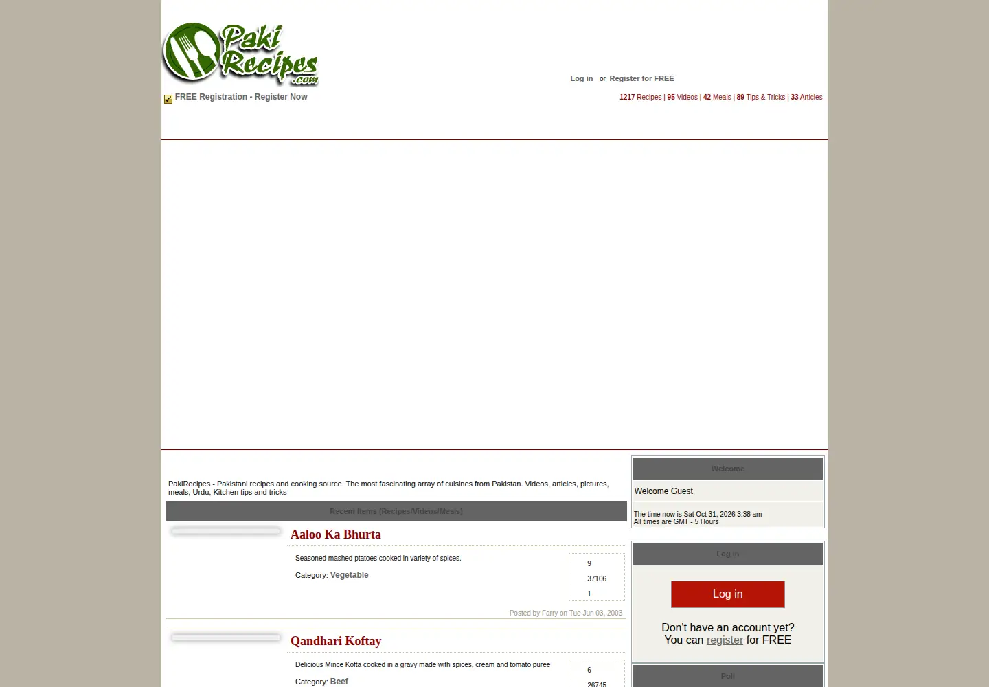 Captured homepage of pakirecipes.com in the current scan