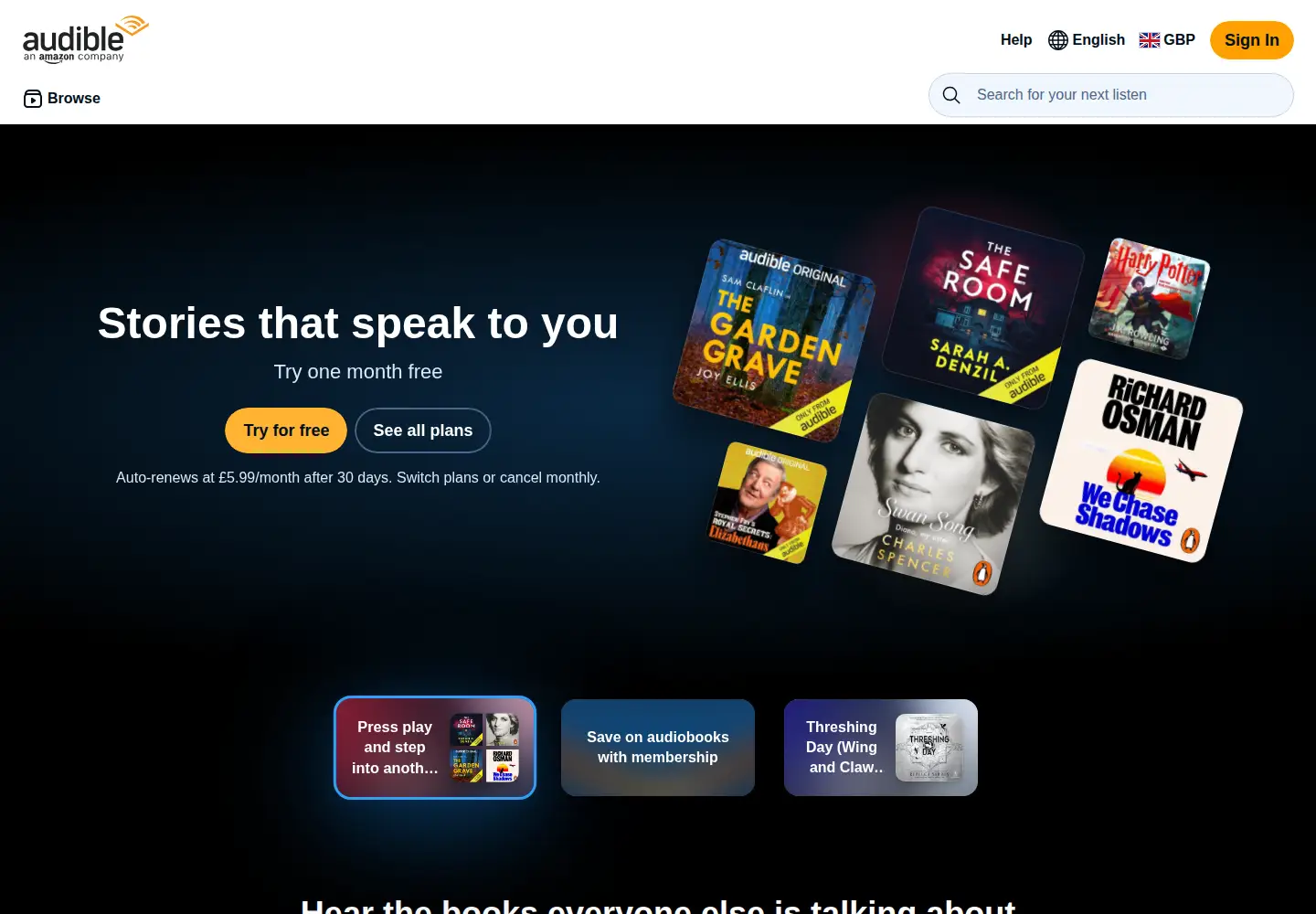 Screenshot of audible.co.uk