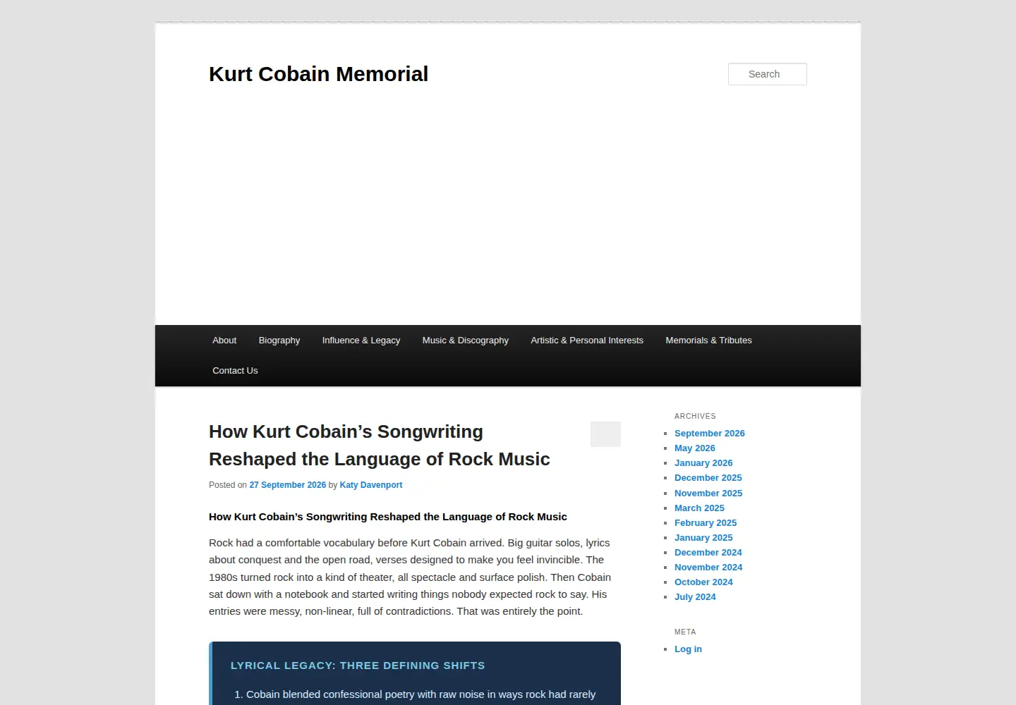 Captured homepage of kurtcobainmemorial.org in the current scan