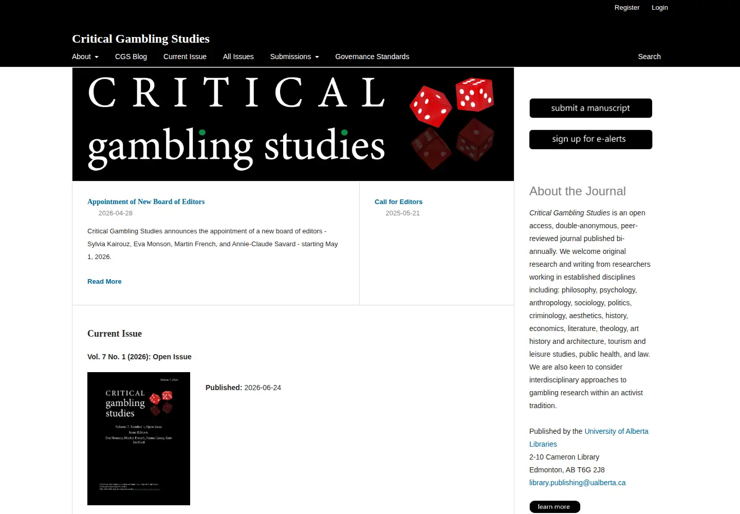 Captured homepage of criticalgamblingstudies.com in the current scan