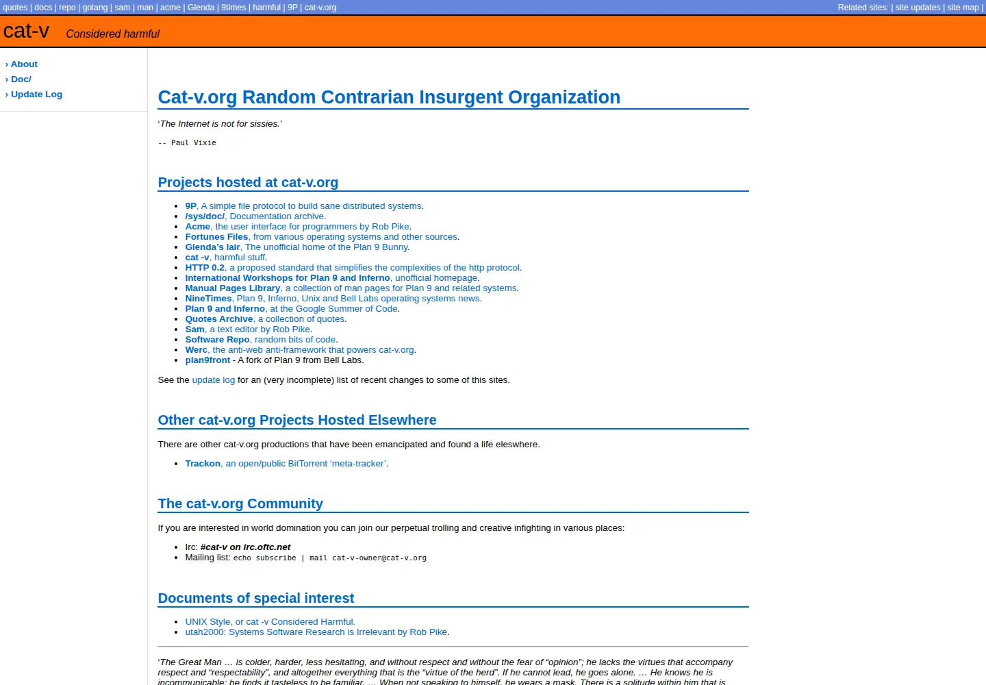 Captured homepage of cat-v.org in the current scan