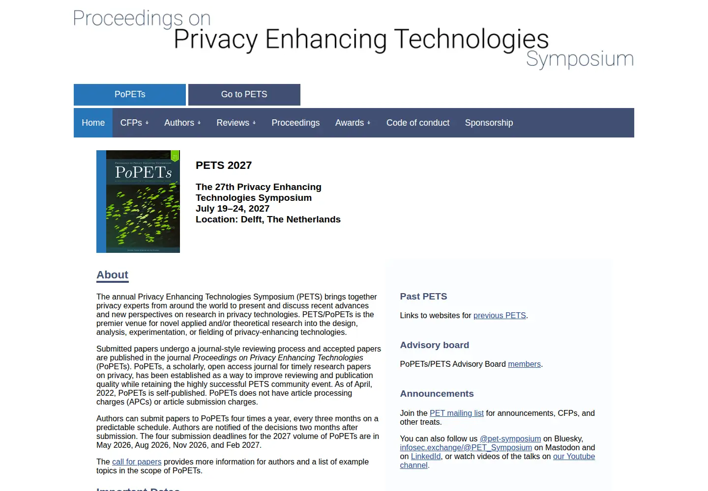 Screenshot of petsymposium.org
