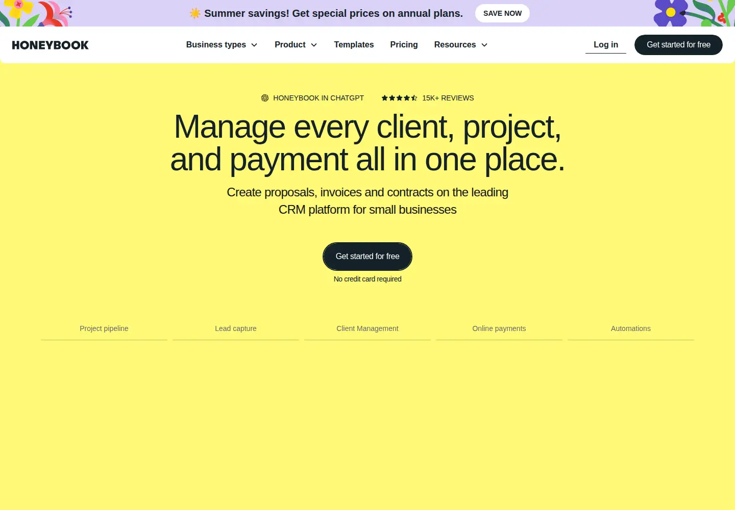 Screenshot of honeybook.com