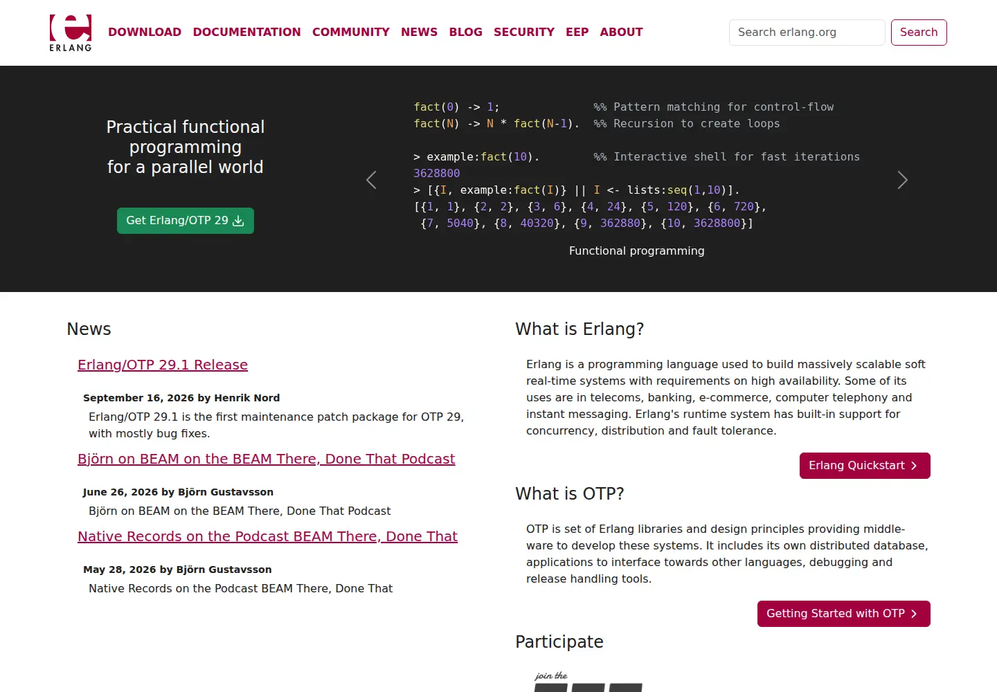Screenshot of erlang.org