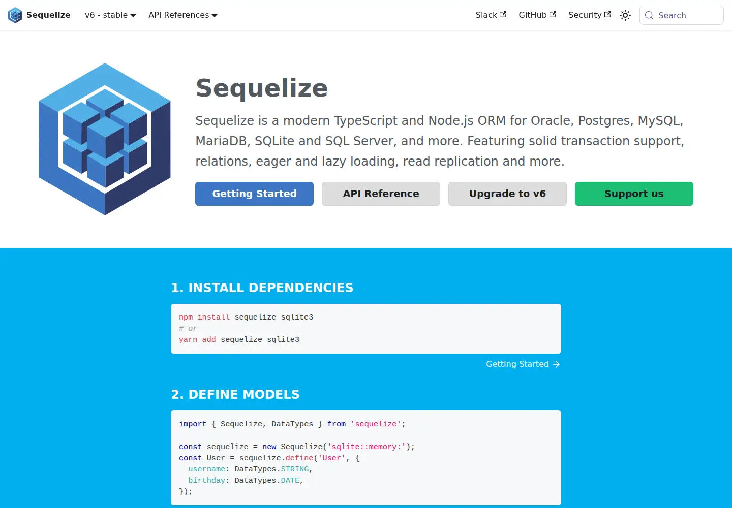 Screenshot of sequelize.org