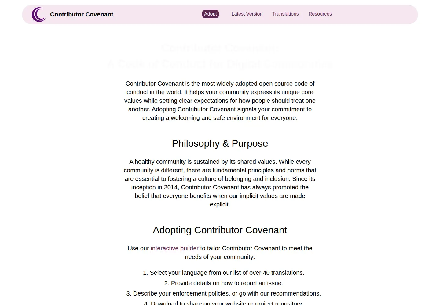 Screenshot of contributor-covenant.org