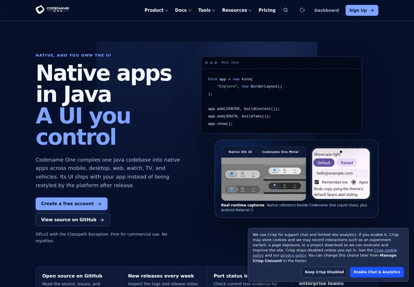 Screenshot of codenameone.com