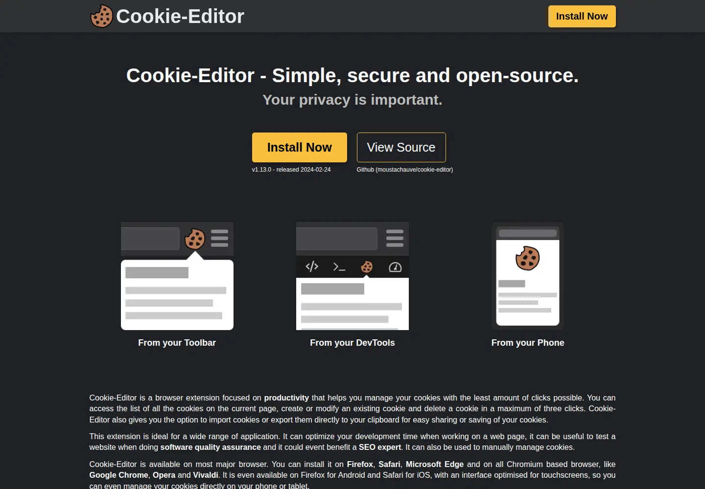 Screenshot of cookie-editor.com