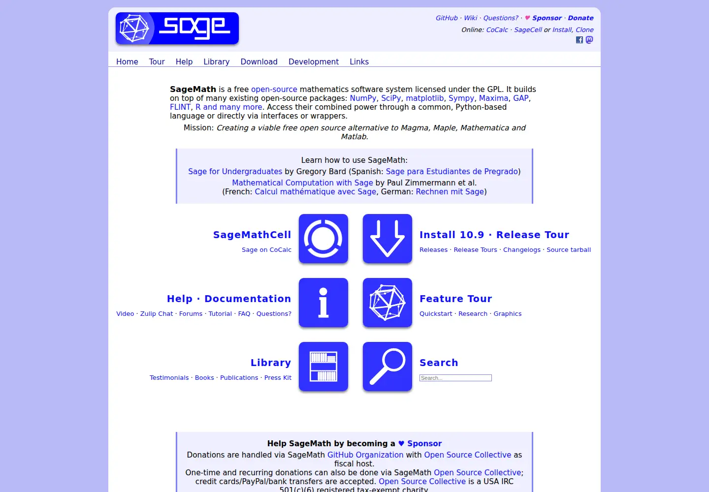 Screenshot of sagemath.org