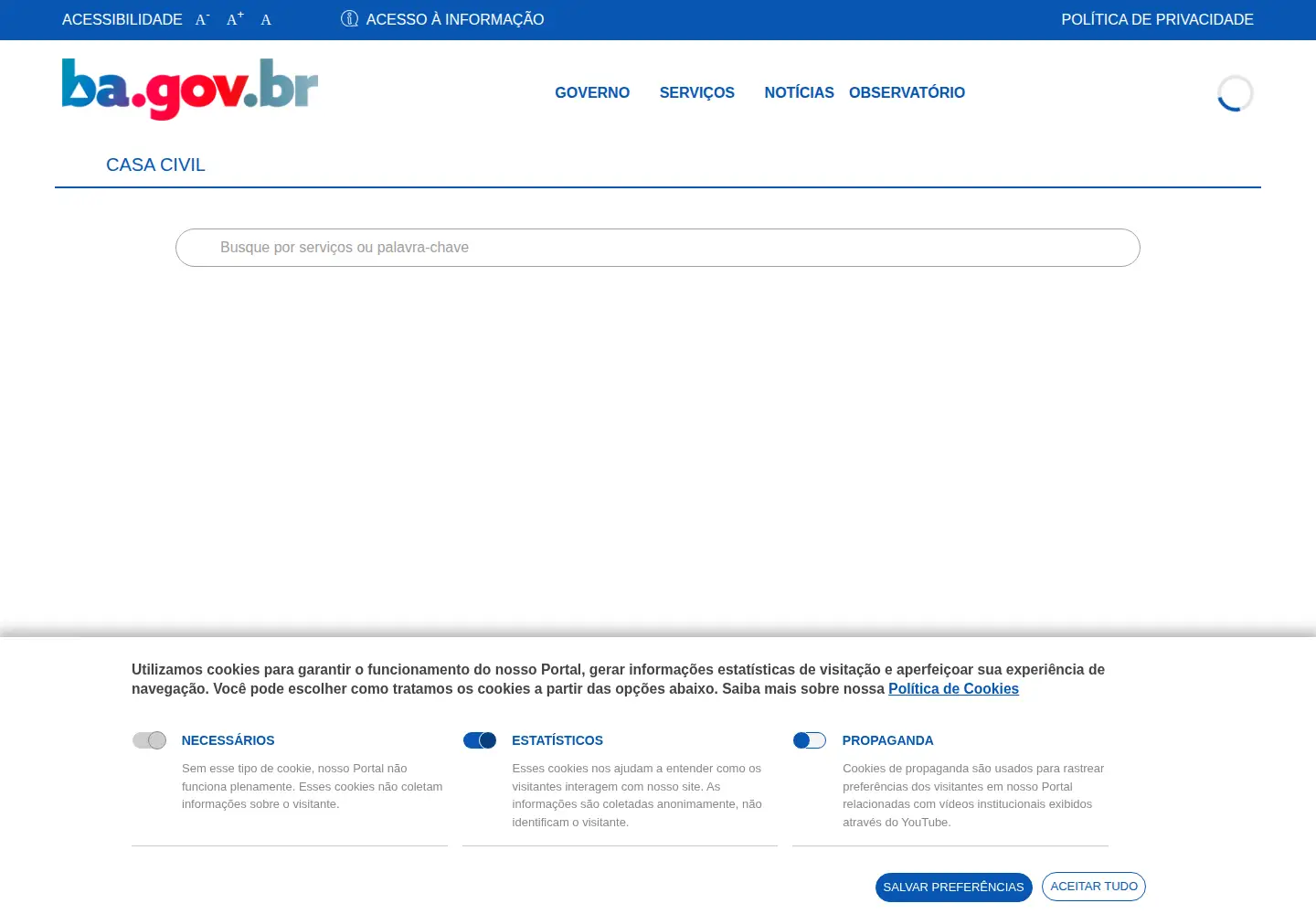 Captured homepage of casacivil.ba.gov.br in the current scan