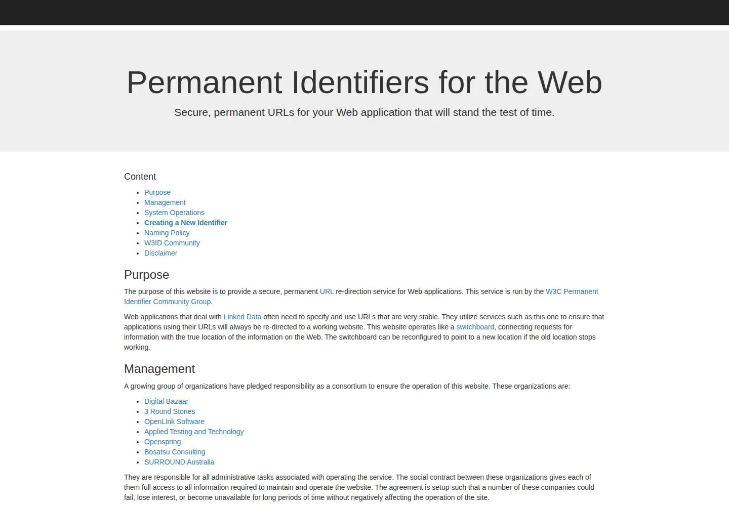 Screenshot of w3id.org