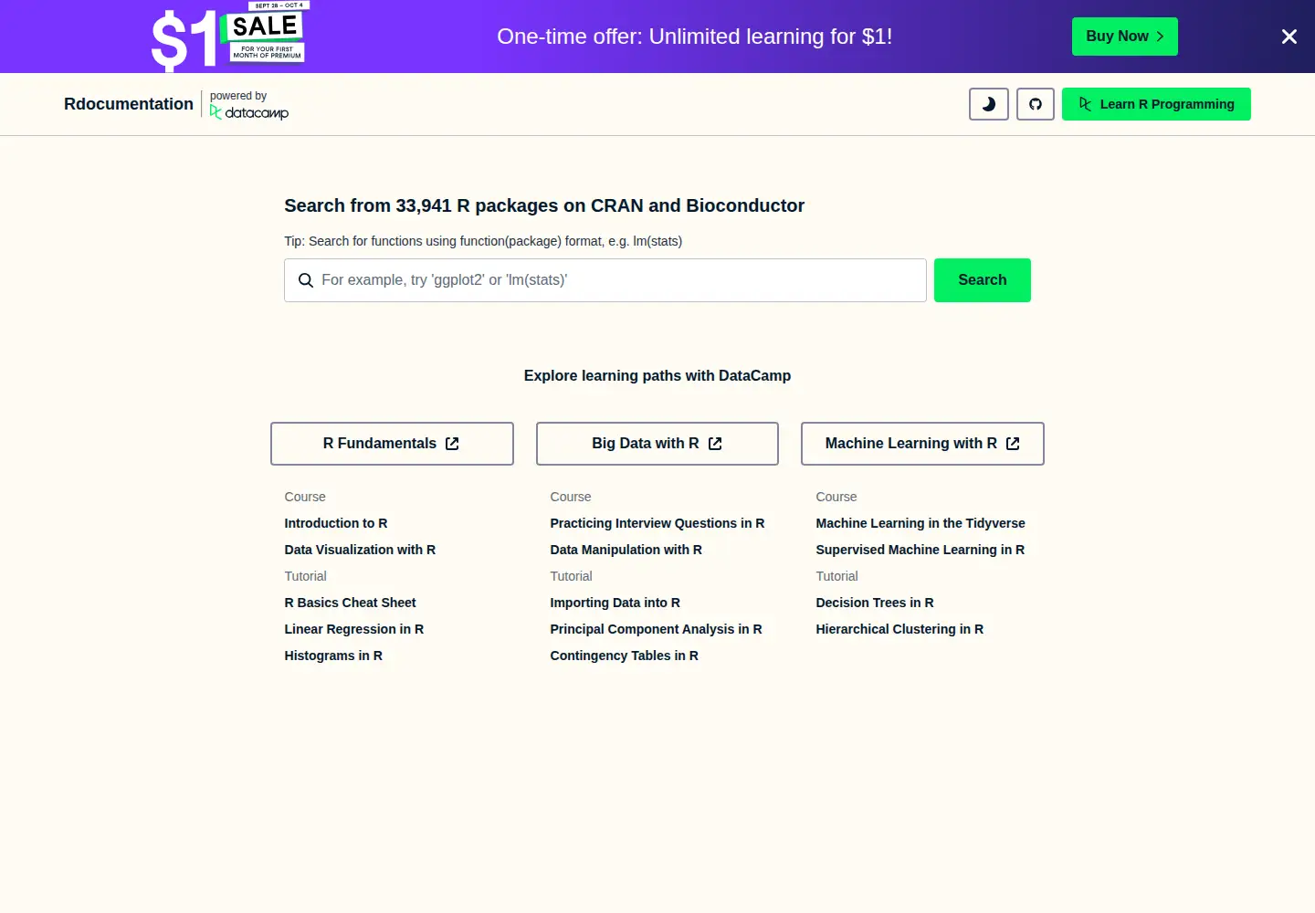 Screenshot of rdocumentation.org