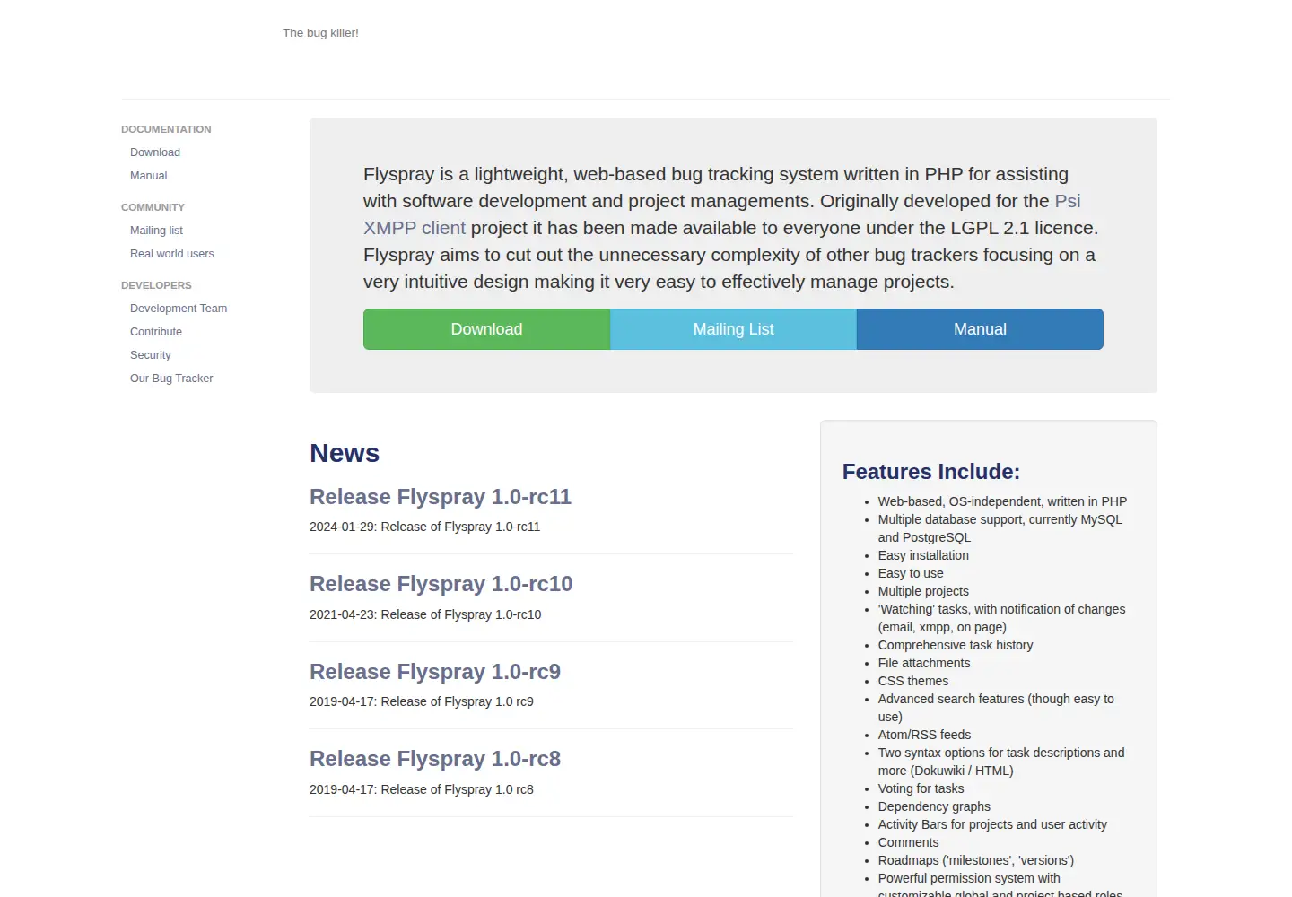 Screenshot of flyspray.org
