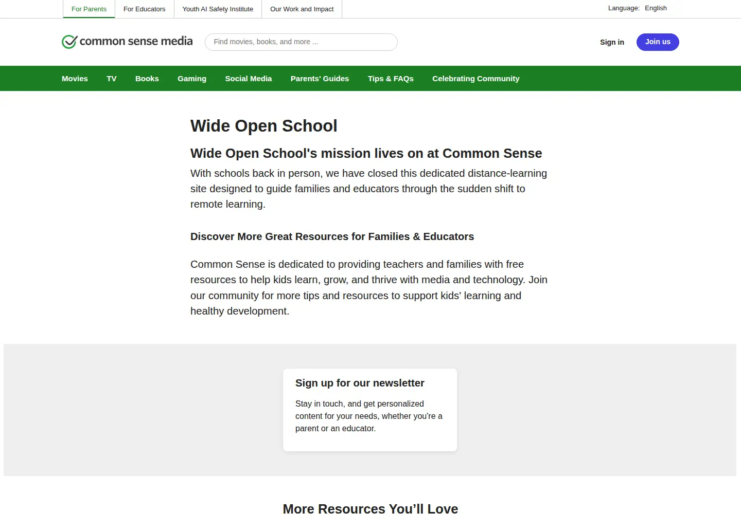 Captured homepage of wideopenschool.org in the current scan