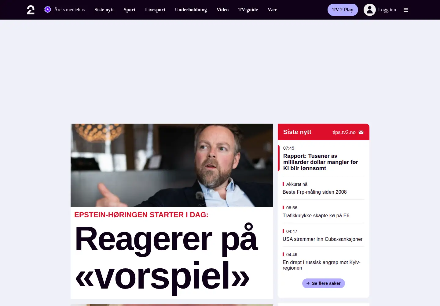 Screenshot of tv2.no
