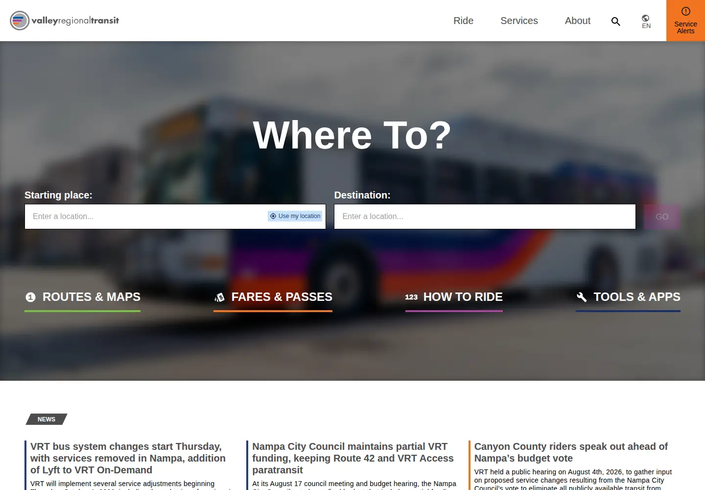Captured homepage of valleyregionaltransit.org in the current scan