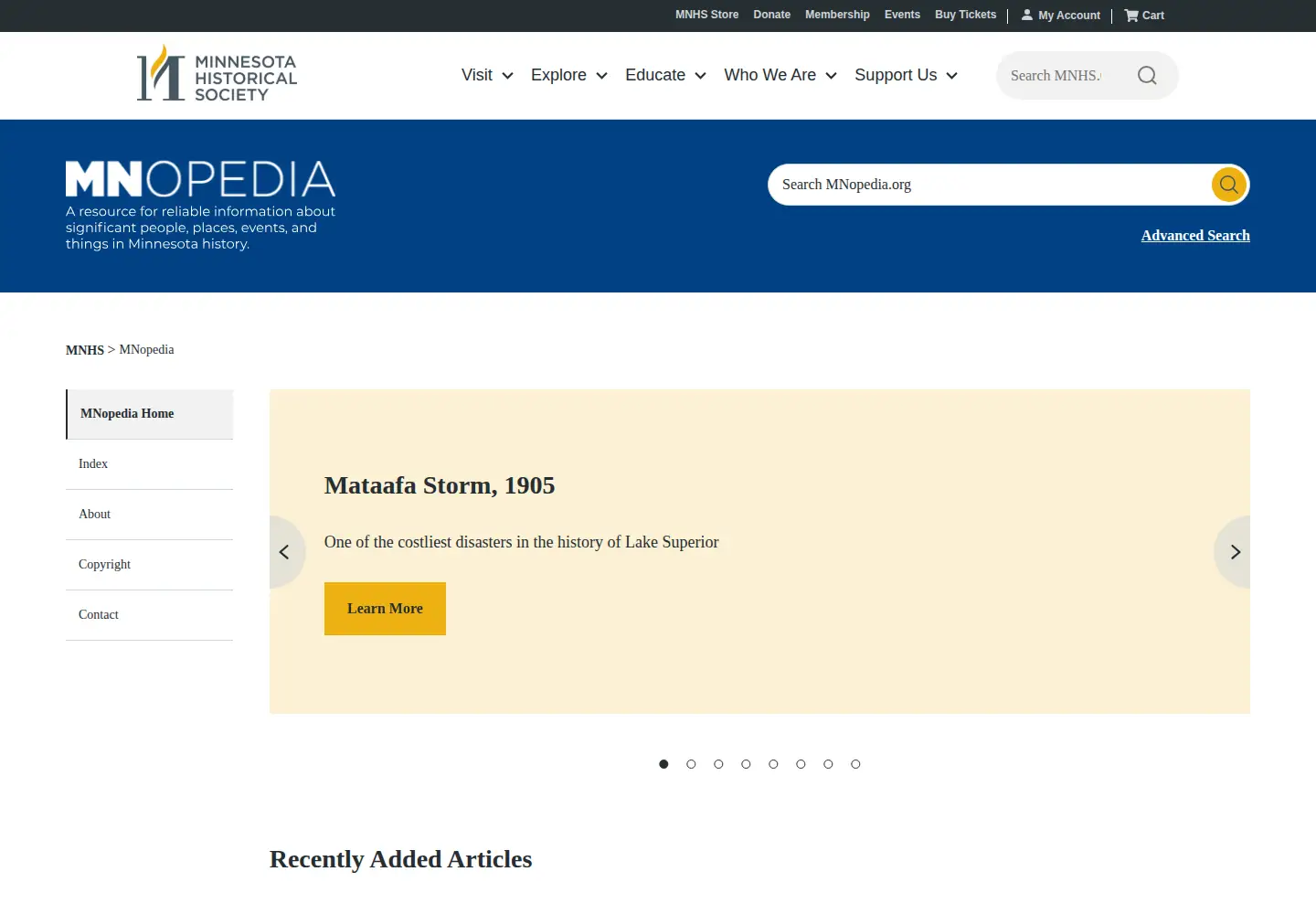 Captured homepage of mnopedia.org in the current scan