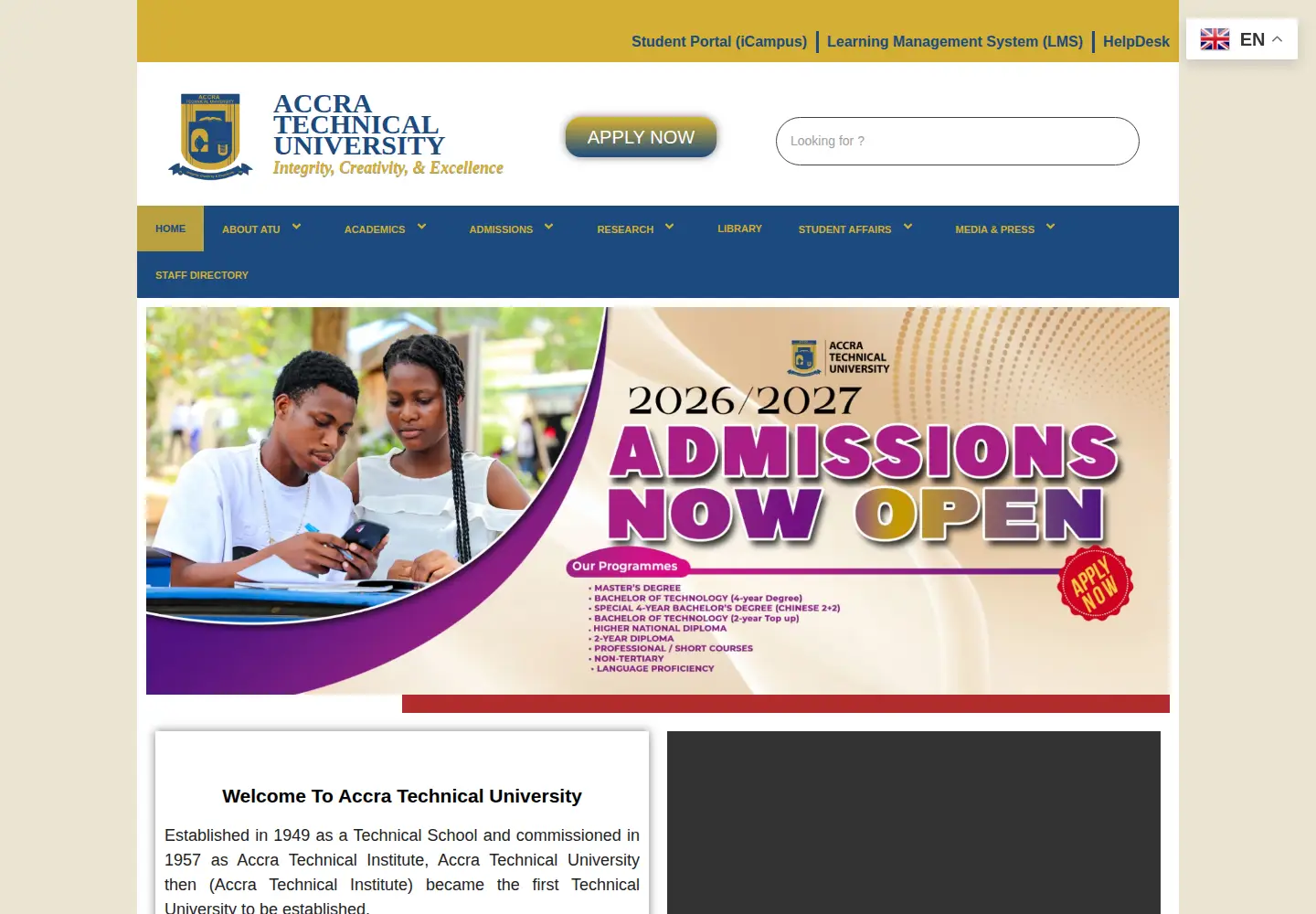 Captured homepage of atu.edu.gh in the current scan