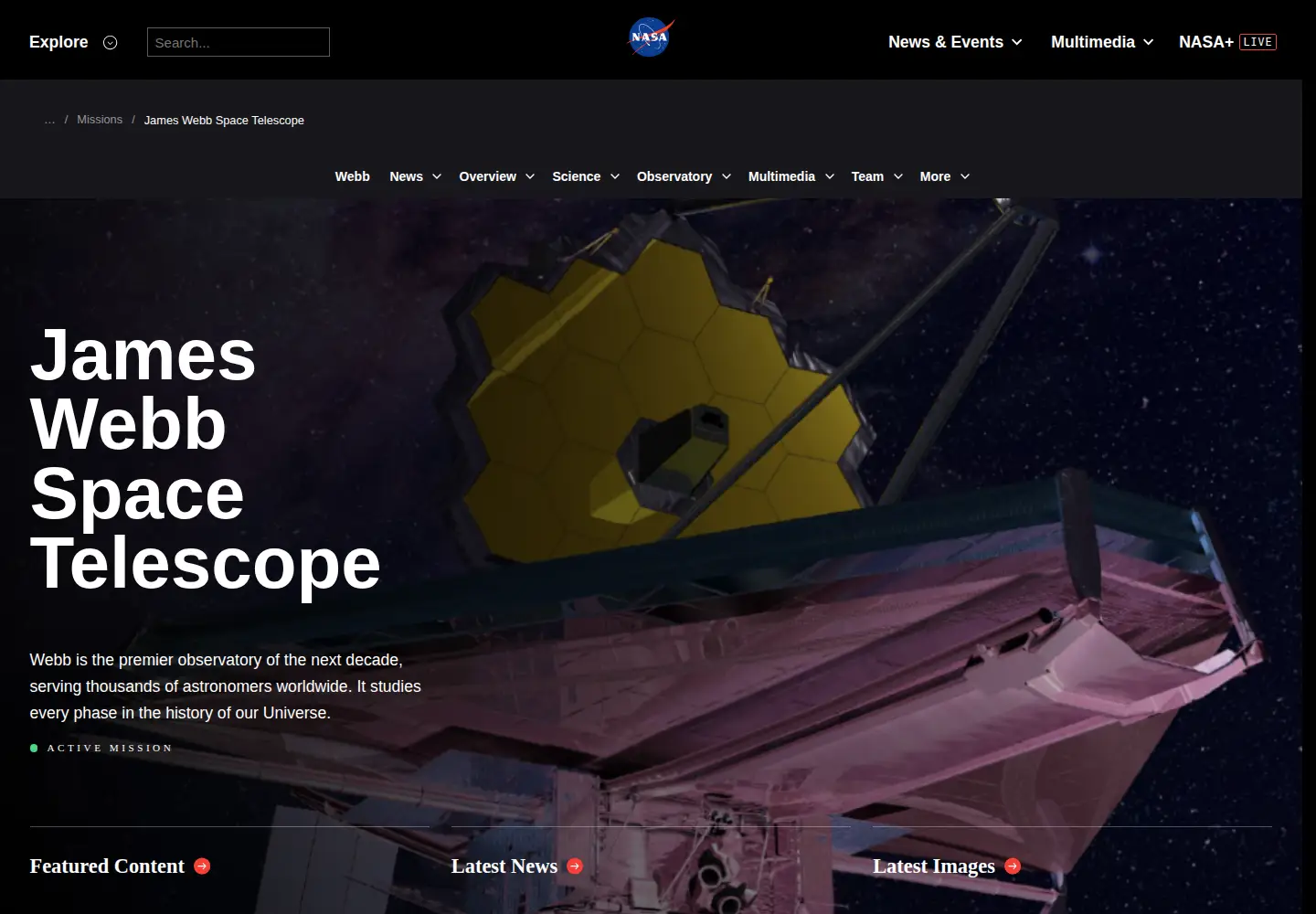 Screenshot of webbtelescope.org