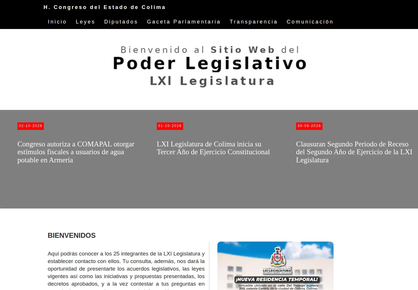 Captured homepage of congresocol.gob.mx in the current scan