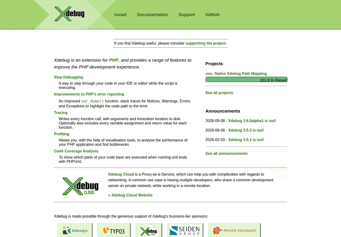 Screenshot of xdebug.org