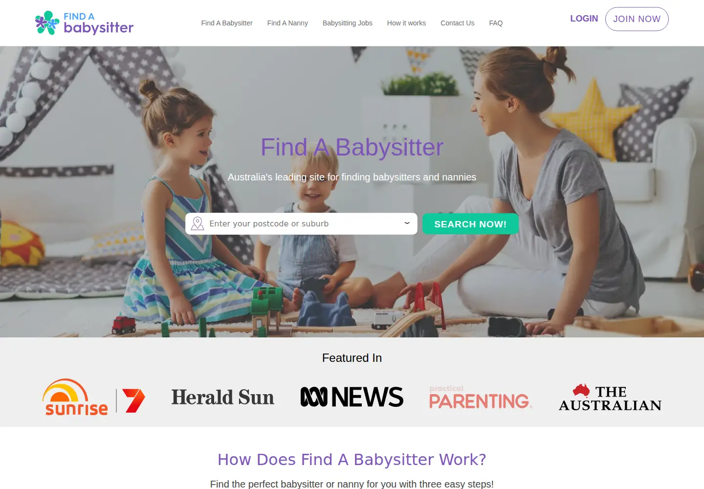 Captured homepage of findababysitter.com.au in the current scan