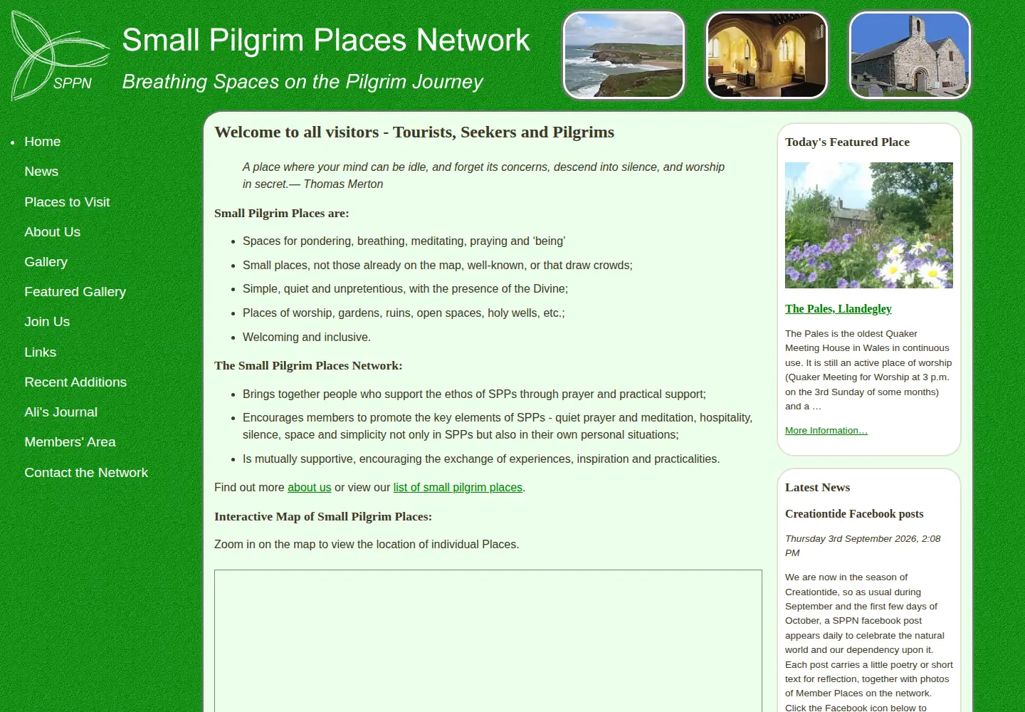 Captured homepage of smallpilgrimplaces.org in the current scan