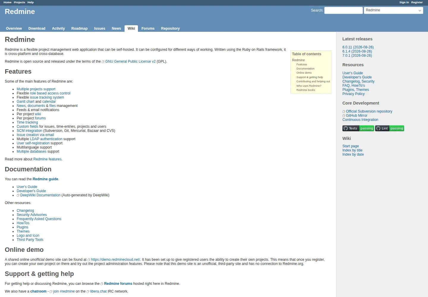 Captured homepage of redmine.org in the current scan