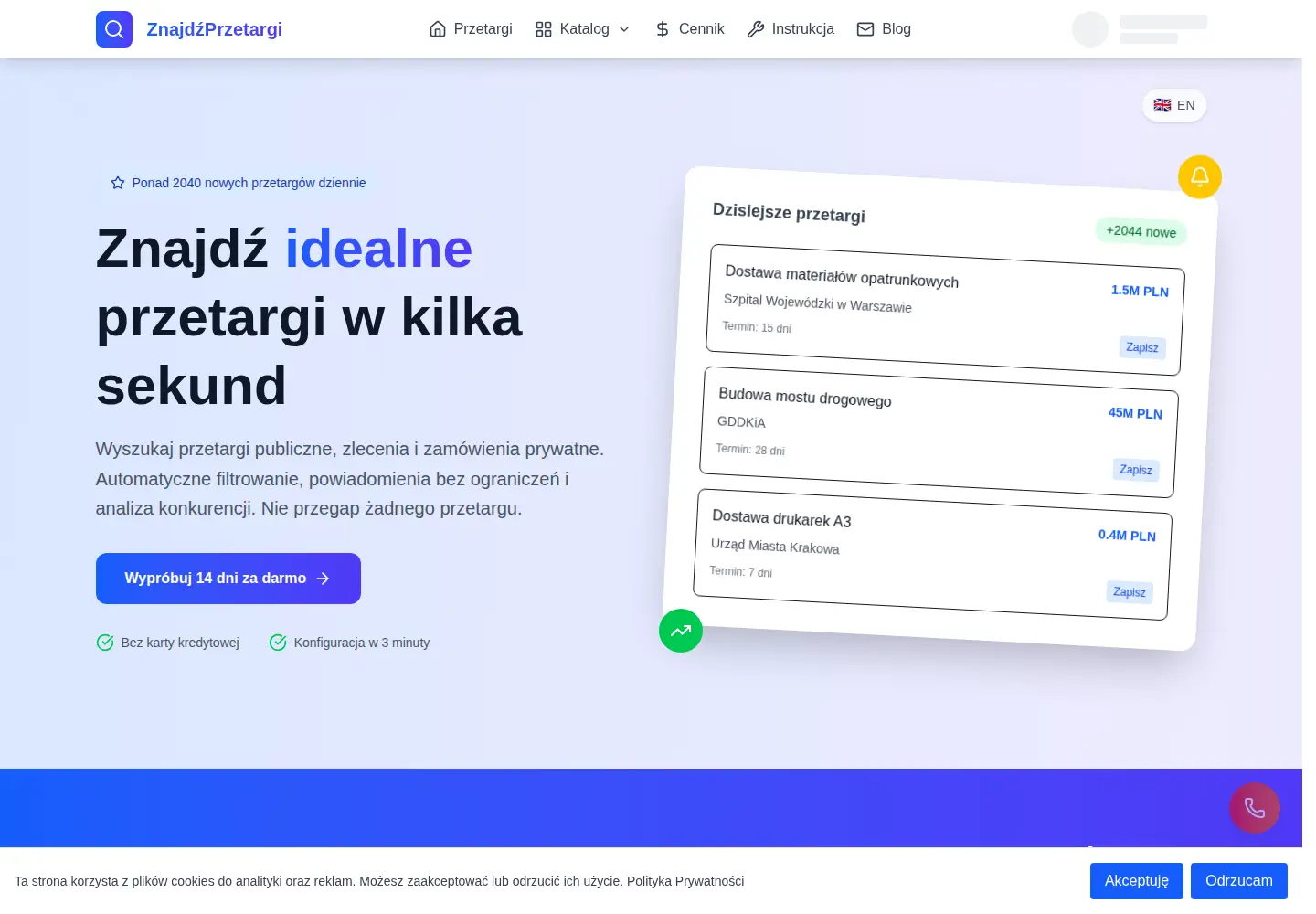 Captured homepage of znajdzprzetargi.pl in the current scan