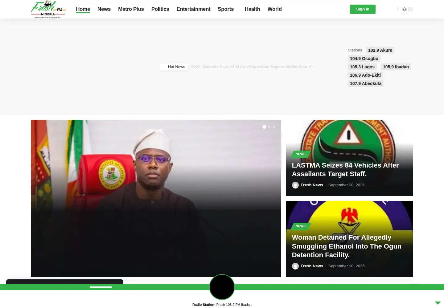 Captured homepage of freshfmnigeria.com in the current scan